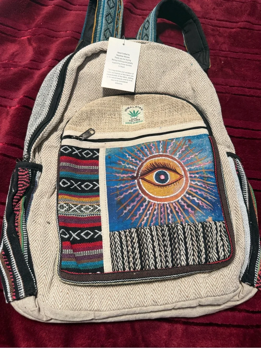 Handcrafted Cream Hemp Backpack with Eye Patch - Unbranded